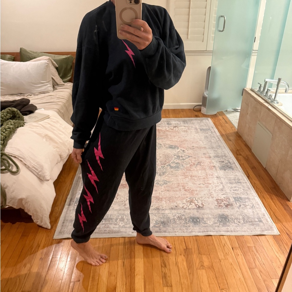 Aviator Nation Set  Sweatshirt and Joggers with Pink Lightning Bolt navy blue